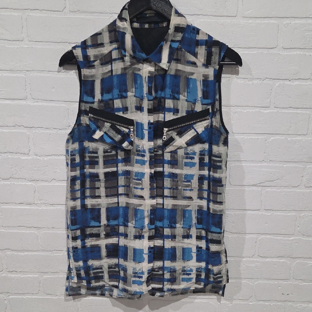 L.A.M.B. Silk Plaid Sleeveless Zip-Pocket Blouse